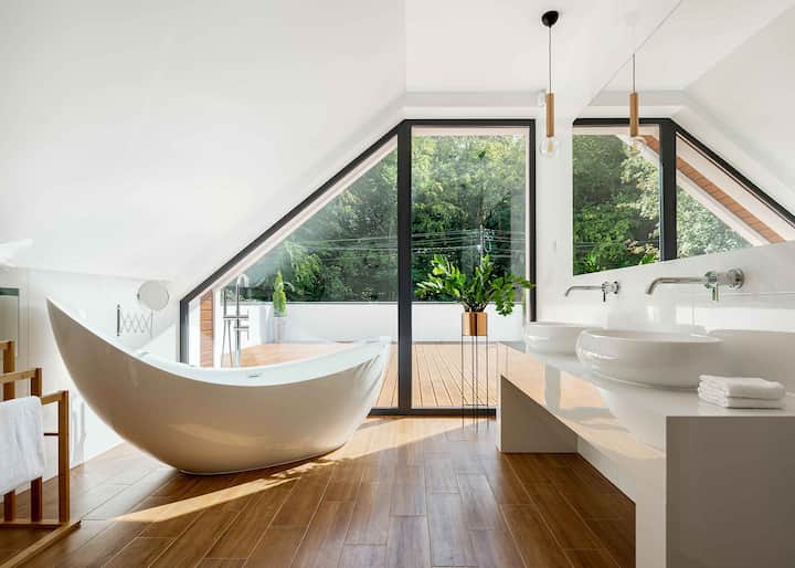 A complete bathroom remodel adds a unique look to this Emeryville, CA bathroom.